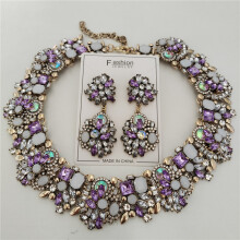 (Purple suit) 2026 New Fashion Crystal Rhinestone Big Neck Choker Necklace Earrings Women Jewelry Set Indian Statement Wedding Necklace