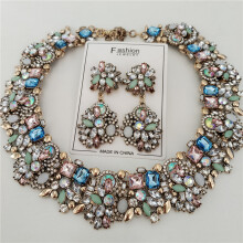 (Colorful set) 2026 New Fashion Crystal Rhinestone Big Neck Choker Necklace Earrings Women Jewelry Set Indian Statement Wedding Necklace