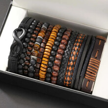 (12PCS) 12-Piece Vintage Braided Faux Leather Tiger Eye And Moonstone Bead Bracelet Set For Casual Party Fashion Accessories (Box Not Incl