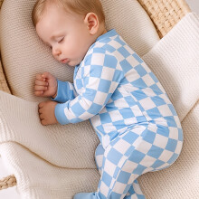 (0-1M) Blau-weiß karierter Jungen-Body mit langen Ärmeln und Reißverschluss vorne, geeignet für tägliche Basisschichten,