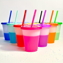 Farbwechselnde Becher mit Deckel und Strohhalmen – 10er-Pack wiederverwendbare Plastikbecher mit Deckel und Strohhalmen, 473 ml,