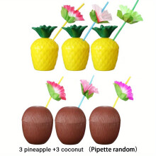 [6er-Pack mit 3 Stück Kokosnussbechern und 3 Stück Ananasbechern, zufälligen Strohhalmfarben] Partydekoration Tropische
