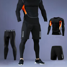 (Orange-Red, 44) 3-teiliges Sport-Set für Herren, atmungsaktives Mesh-Langarm-Oberteil, schmale Hosen und Shorts, hochelastisches, schnell