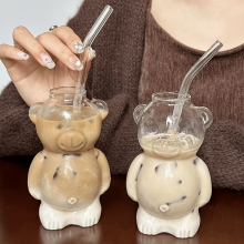 [Niedliche Bären-Glasbecher] 4-teiliges Borosilikat-Bär-Glasbecher mit Strohhalm-Set |2 Tassen und 2 Strohhalme, 320 ml, süß