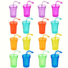 16er-Pack Partybecher mit Deckel und Strohhalmen, farbenfrohe Trinkbecher aus Kunststoff für Schulveranstaltungen, Mottopartys usw