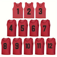 (Red, 40) 12 Team-Trikots mit Boxnummern 1 bis 12, lockere Netzweste, leicht und nicht einschränkend für den Sport, leuchtende Farben