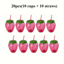 20 Stück (10 Stück Becher, 10 Stück Strohhalme) Erdbeerbecher-Set mit Strohhalmen, wiederverwendbare süße rosa Saftbecher aus