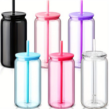6 Stück 16oz Vintage Trinkgeschirr Sportbecher mit Deckel und Strohhalmen, Trinkflaschen aus Kunststoff – Eiskaffee, Wasser,