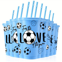 (Light Blue) [Fußball-Fan-Geschenkbecher] 10 Stück 24-Unzen-Kunststoffbecher mit Fußballmotiv |Auslaufsichere Becher mit Deckel und Strohhalmen