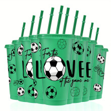(Green) [Fußball-Fan-Geschenkbecher] 10 Stück 24-Unzen-Kunststoffbecher mit Fußballmotiv |Auslaufsichere Becher mit Deckel und Strohhalmen