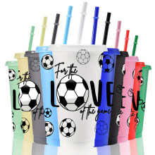 (Ten Colors) [Fußball-Fan-Geschenkbecher] 10 Stück 24-Unzen-Kunststoffbecher mit Fußballmotiv |Auslaufsichere Becher mit Deckel und Strohhalmen