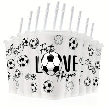 (White) [Fußball-Fan-Geschenkbecher] 10 Stück 24-Unzen-Kunststoffbecher mit Fußballmotiv |Auslaufsichere Becher mit Deckel und Strohhalmen