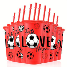 (Red) [Fußball-Fan-Geschenkbecher] 10 Stück 24-Unzen-Kunststoffbecher mit Fußballmotiv |Auslaufsichere Becher mit Deckel und Strohhalmen