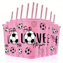 (pink color) [Fußball-Fan-Geschenkbecher] 10 Stück 24-Unzen-Kunststoffbecher mit Fußballmotiv |Auslaufsichere Becher mit Deckel und Strohhalmen