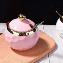 Ceramic Sugar Bowl, Golf Shaped, Ceramic Sugar Bowl with Lid And Golden Spoon for Home And Kitchen (pink)