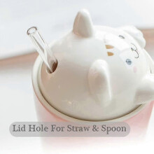 Cat Coffee Mug with Lid, Ceramic Travel Mug with 3d Cat Lid, Reusable Tall Mug for Tea, Milk, Bubble Tea(pink)