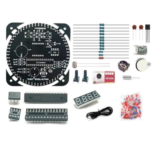 Build-Your-Own Clock Kit for Educational Soldering Practice Featuring Light-Sensitive Display Rotating Stand