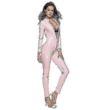 (M, Pink) Women's Latex Catsuit - Patent Leather Jumpsuit with Metallic Finish
