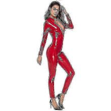 (2XL, Red) Women's Latex Catsuit - Patent Leather Jumpsuit with Metallic Finish