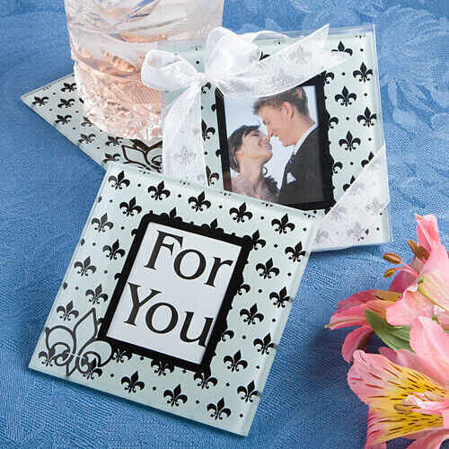 Fleur de Lis Design Glass Photo Coaster Set 1