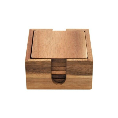 Acacia Wood Square Coaster 6pce Set with Square Holder 1