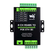 Waveshare Industrial Isolated 4CH RS485 to POE ETH Ethernet Converter Support Modbus/MQTT/JSON Industrial DIN-Rail Design