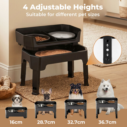 Skylos Raised Dog Bowl 4-Height Adjustable Feeding Station Full Set 1600ml Black 2