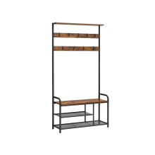 Coat Rack and Shoe Bench - Metal and Wood - Rustic Brown and Black - 9 Removable Hooks, Top Shelf