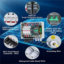 Caja Combinadora Solar Fotovoltaica PV 2 en 1 Salida 600V 15A con Fusible de Protección Contra Rayos MCB SPD Impermeable IP65