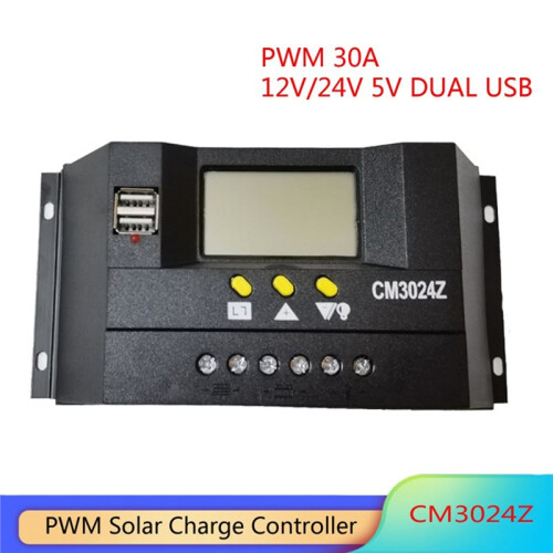 30A 12V/24V Auto Solar Panel Battery Charge Controller LCD Display Backlight Solar Collector Regulator CM3024Z Dual USB 2