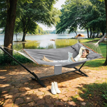 Hammock - TC Fabric - Grey - Outdoor Swing Bed with Two Pillows and Wooden Bars