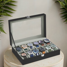 12-Slot Watch Box Organizer - Synthetic Leather - Black with Greenish Grey Lining - Large Glass Lid and Removable Watch Pillows
