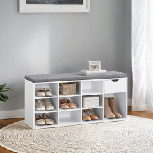 Storage Bench - Engineered Wood - White and Gray - Cushion Seat with Drawer and Open Compartments