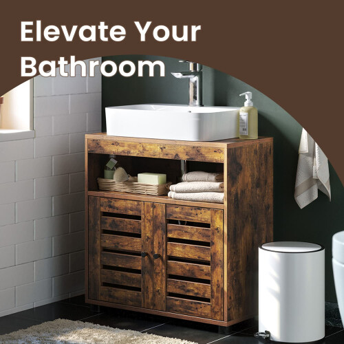 Bathroom Vanity Unit - Engineered Wood - Rustic Brown - 2-Door Design with Adjustable Shelf 1