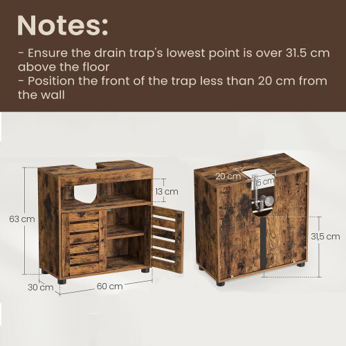Bathroom Vanity Unit - Engineered Wood - Rustic Brown - 2-Door Design with Adjustable Shelf 2