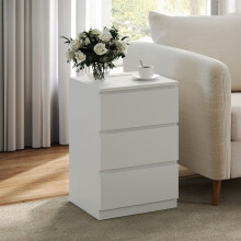 Side End Table - Wood - Cloud White - Modern Design with 3 Drawers and Charging Station