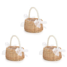 3X Cesto per Bambina In Vimini per Matrimoni, Cesto per Bambina In Rattan Cesto per Bambina Fatto A Mano con Manico e Nastro