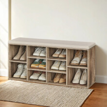 Shoe Bench - Wood - Natural Finish - 10-Compartment Storage with Padded Seat and Adjustable Shelves