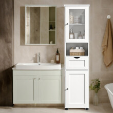 Tall Bathroom Storage Cabinet - Wood - Cloud White - Adjustable Shelves, Glass Door, Space Saver