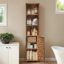 Tall Bathroom Storage Cabinet - Engineered Wood - Rustic Brown - Freestanding with Open and Adjustable Shelves