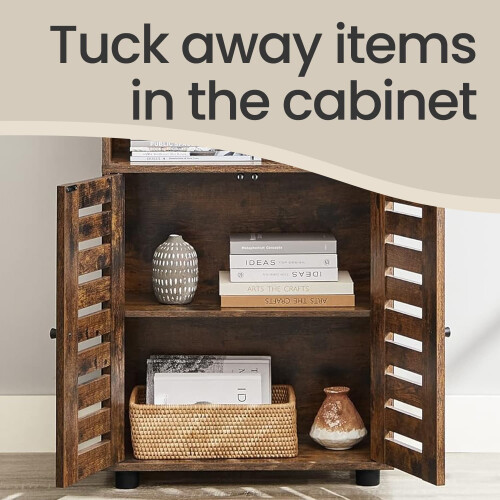 Floor Standing Cabinet - MDF - Rustic Brown - Louvered Doors, Height-Adjustable Shelf 2