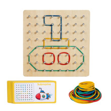 Wooden Geoboard for 3 4 5 Year Old Kids and Toddlers, with 30 Pattern Cards and 40 Rubber Bands to Create Figures