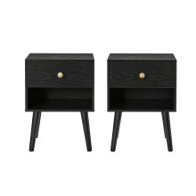 Nightstands Set of 2 - Solid Wood - Ebony Black - Storage Drawer and Open Shelf