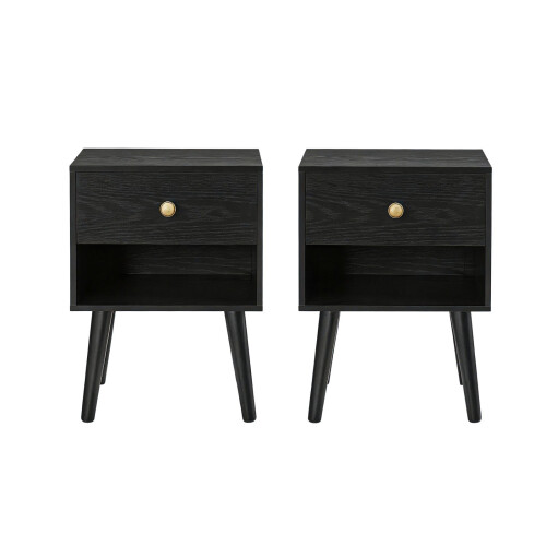 Nightstands Set of 2 - Solid Wood - Ebony Black - Storage Drawer and Open Shelf
