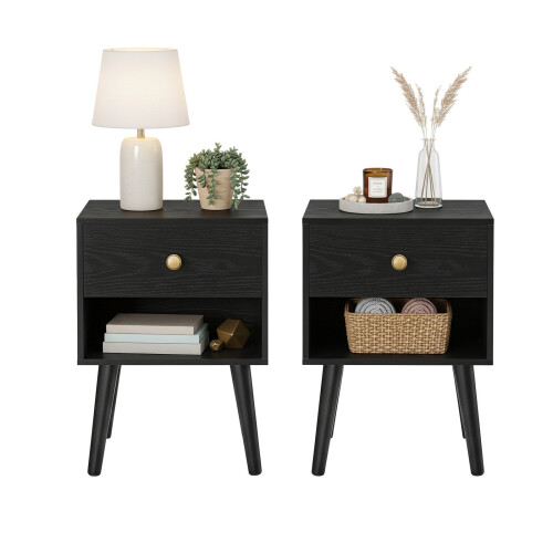 Nightstands Set of 2 - Solid Wood - Ebony Black - Storage Drawer and Open Shelf 1