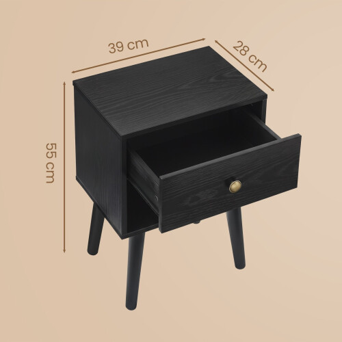 Nightstands Set of 2 - Solid Wood - Ebony Black - Storage Drawer and Open Shelf 2