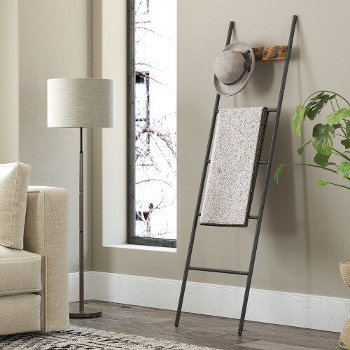 5-Tier Ladder Shelf - Metal - Black - Space-Saving with 4 Removable Hooks