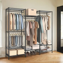 Portable Open Wardrobe - Heavy-Duty Metal - Black - Adjustable Shelves and Hanging Rails