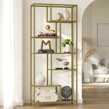 Tall Bookcase - Tempered Glass - Gold - 6-Tier Shelving Unit for Living Room, Study, and Office