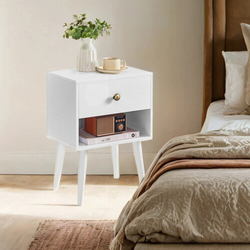 Bedside Table - Solid Wood - Ebony Black - Storage Drawer and Open Shelf 2